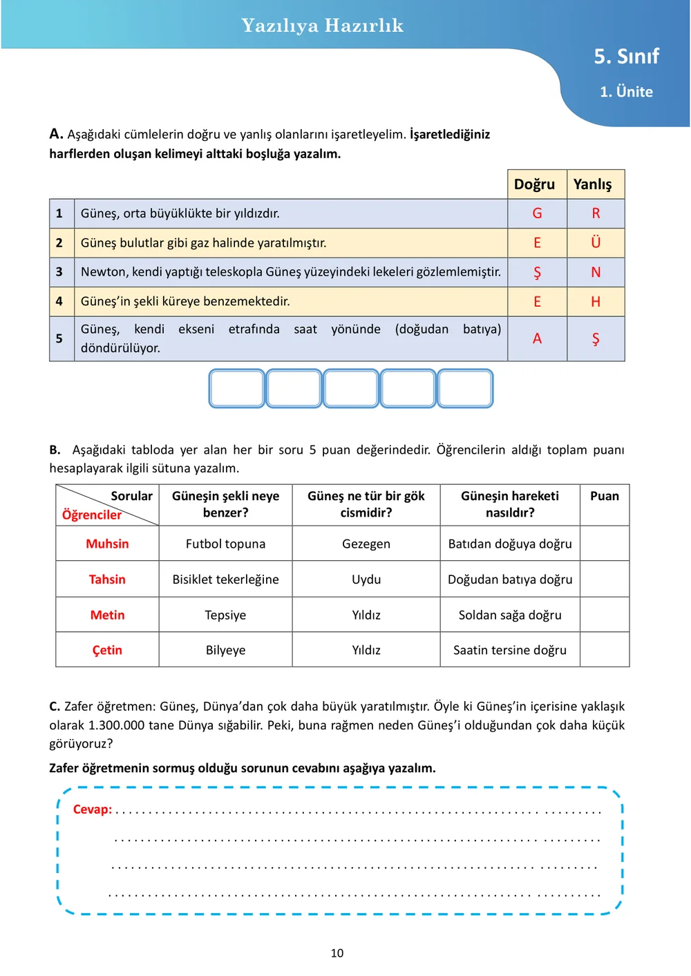 5. sınıf kitabından: Kazanım Kavrama Testi